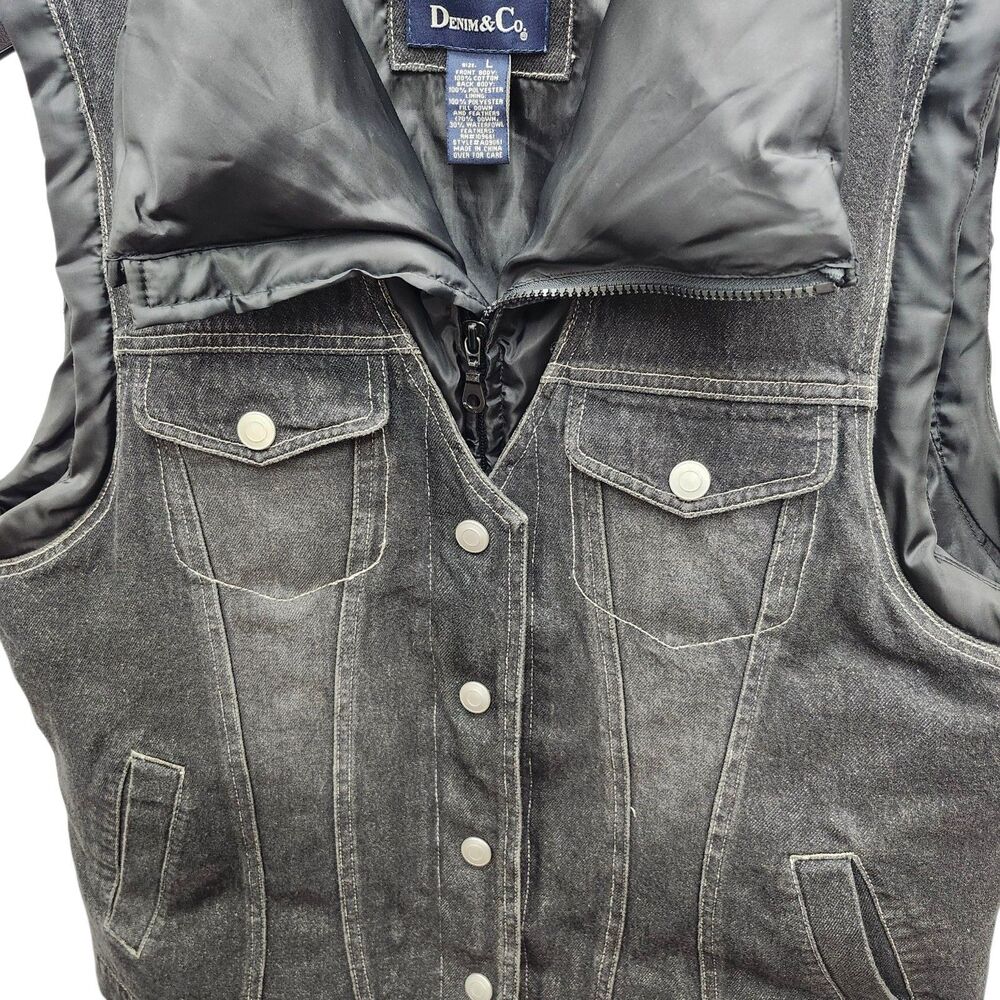 Denim and Co Black Denim Puffer Vest Womens Large Down Feather Fill Snap Zipper - Picture 6 of 12